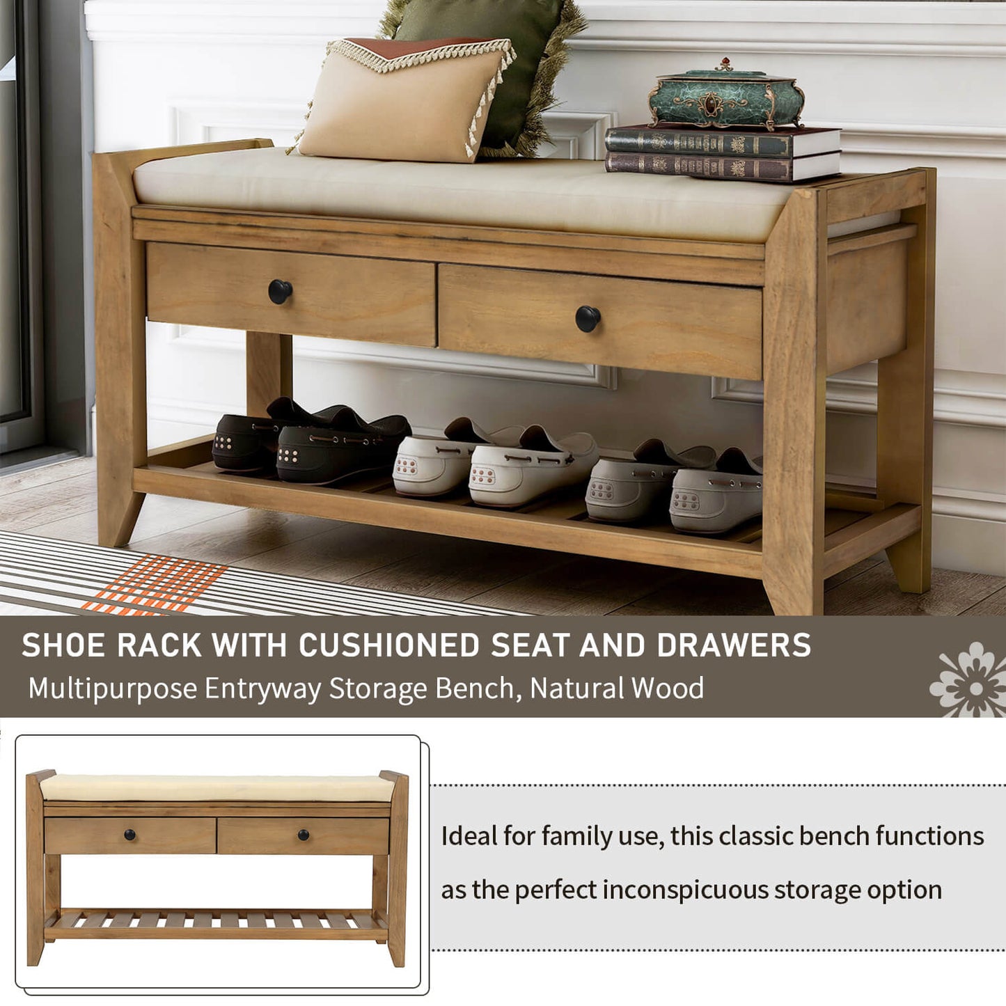 Shoe Rack with Cushioned Seat & Drawers, Entryway Storage Bench - Meissalivve