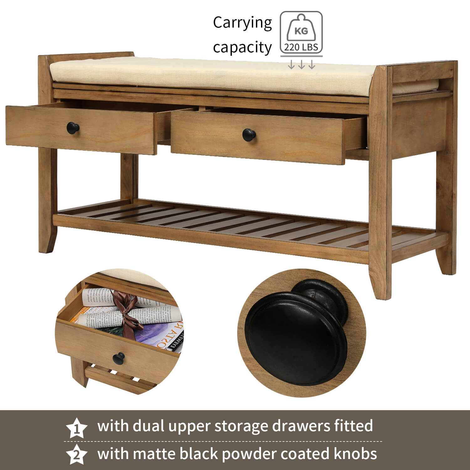 Shoe Rack with Cushioned Seat & Drawers, Entryway Storage Bench - Meissalivve