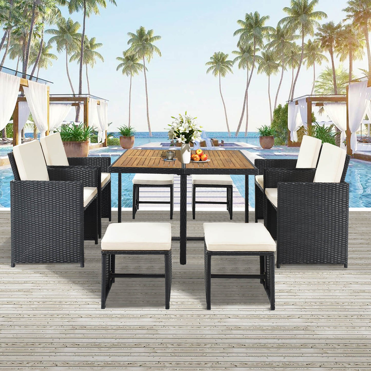 9-Piece Patio All-Weather PE Wicker Dining Table Set - Meissalivve