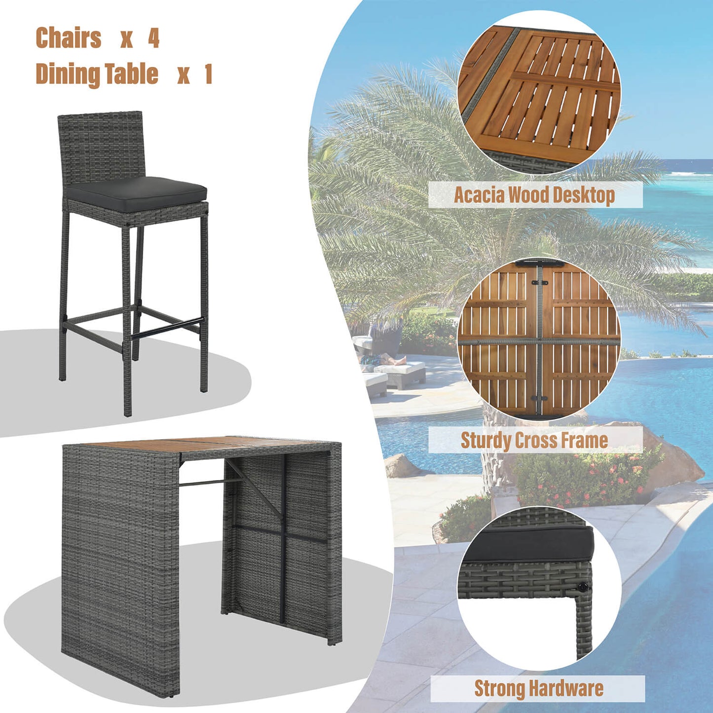 5-piece Outdoor Patio Wicker Bar Set, 4 Bar Height Chairs With 1 Acacia Wood Table - Meissalivve