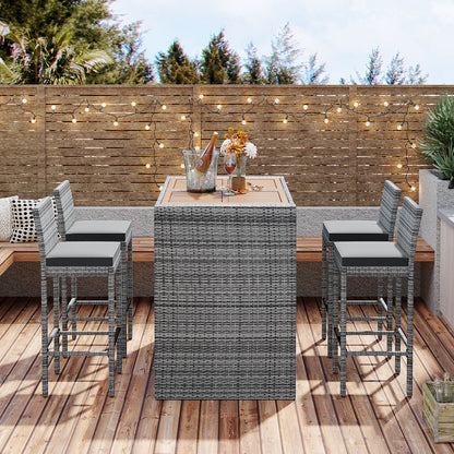 5-piece Outdoor Patio Wicker Bar Set, 4 Bar Height Chairs With 1 Acacia Wood Table - Meissalivve