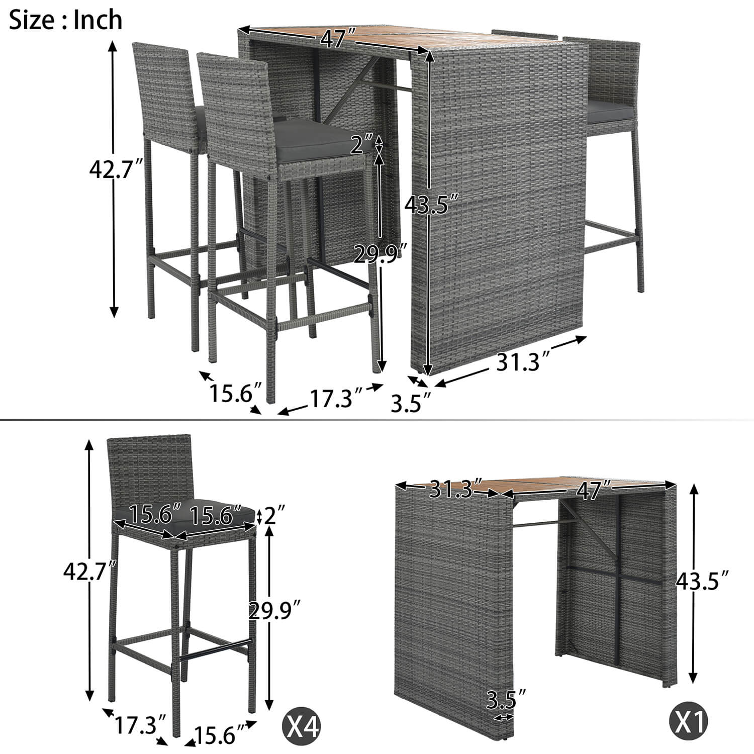 5-piece Outdoor Patio Wicker Bar Set, 4 Bar Height Chairs With 1 Acacia Wood Table - Meissalivve