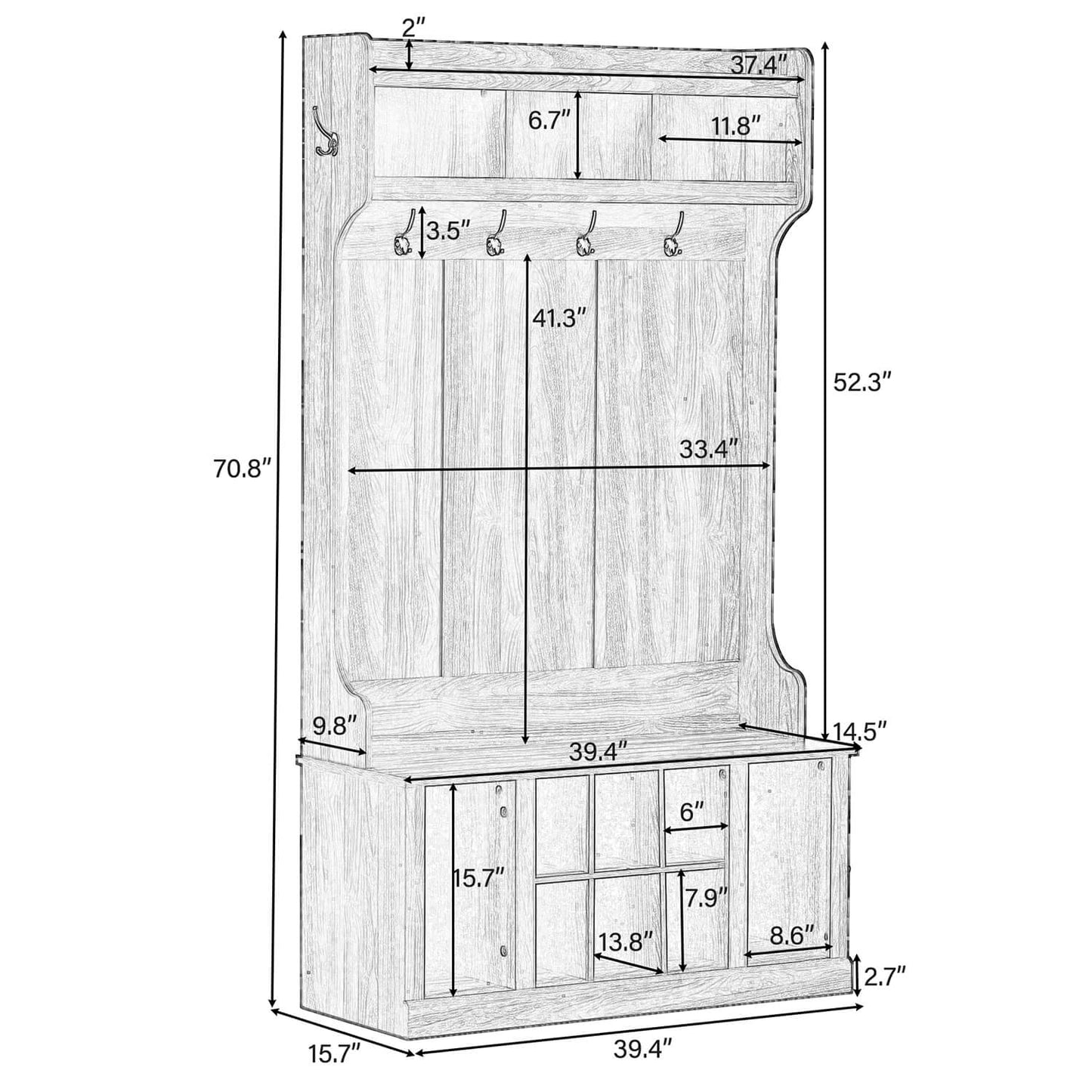 Hall Tree with 6 Hooks , 3-in-1 Design, for Entrance, Hallway - Meissalivve