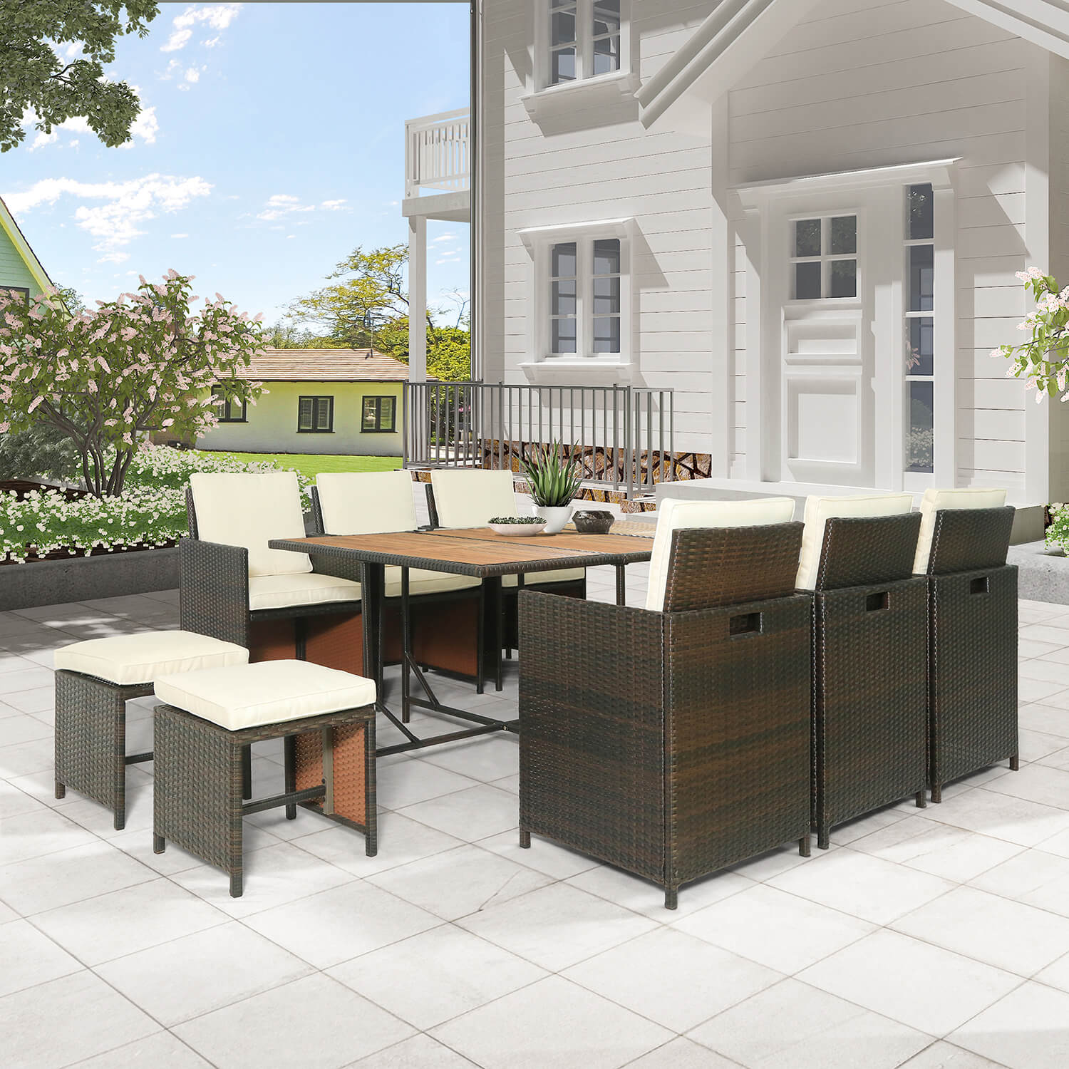 9-Piece Patio All-Weather PE Wicker Dining Table Set - Meissalivve