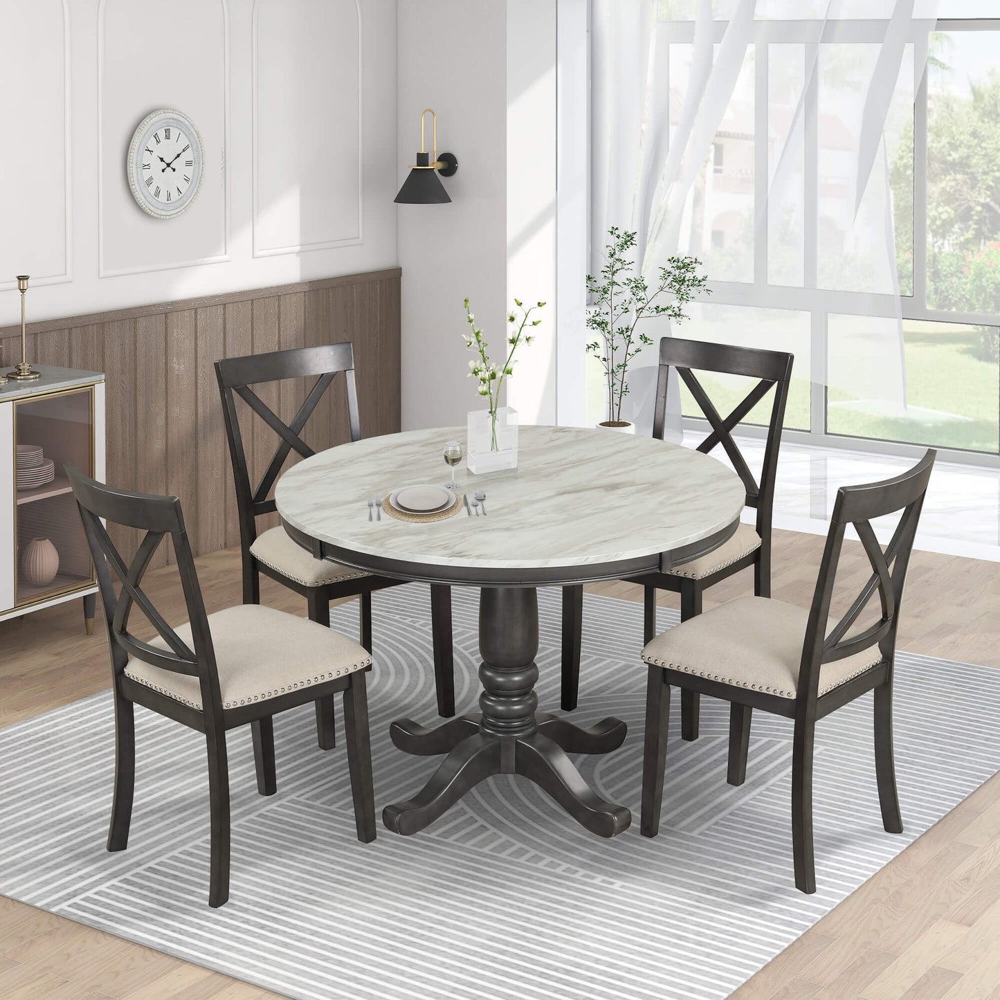 5 Pieces Solid Wood Dining Table and Chairs Set for 4 Persons - Meissalivve