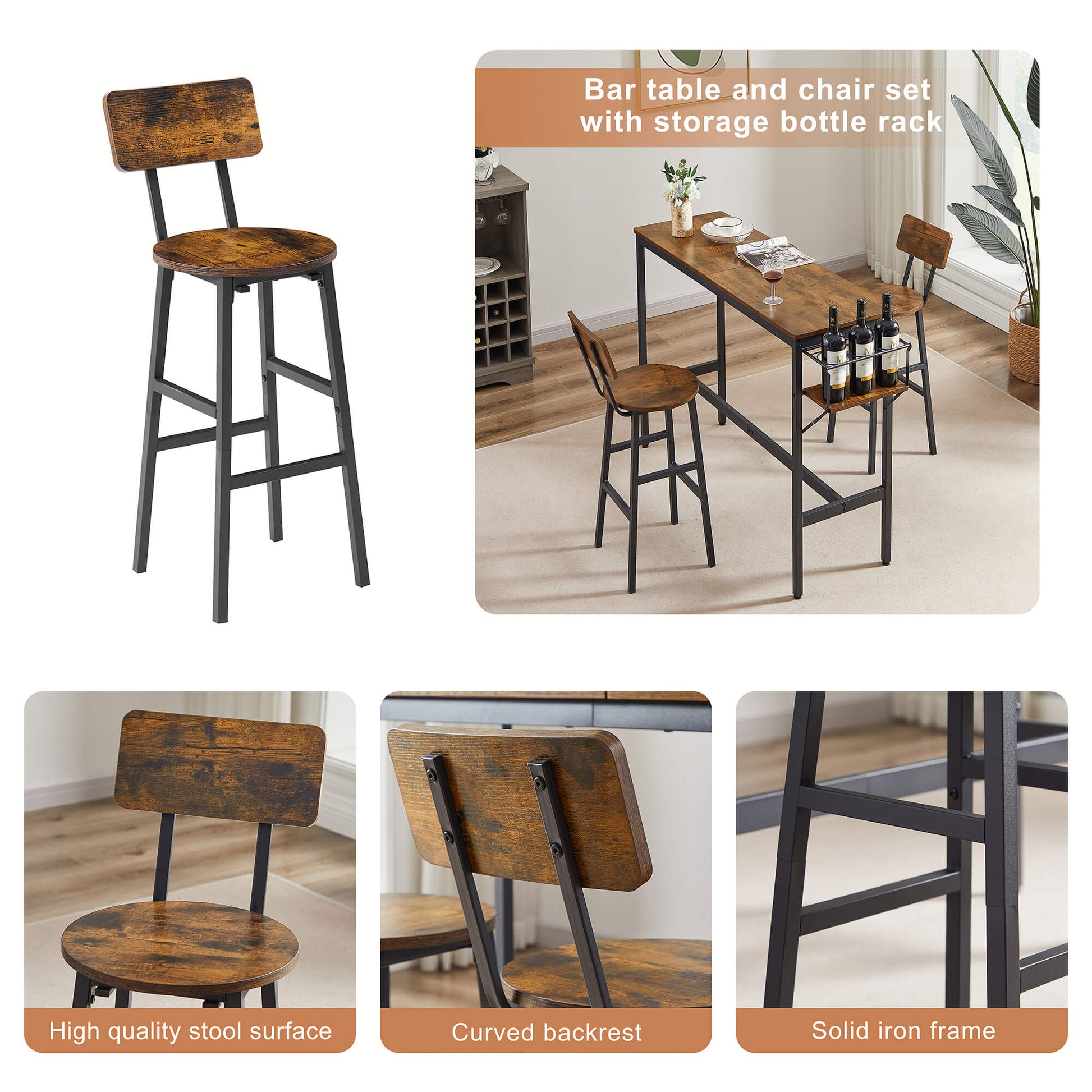 3-Piece Dining Bar Table&Chair Sets with Wine Bottle Storage Rack - Meissalivve