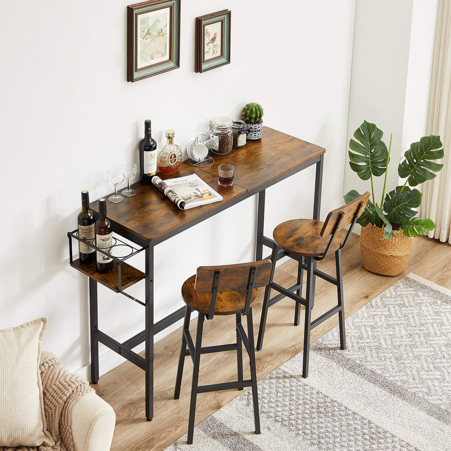 3-Piece Dining Bar Table&Chair Sets with Wine Bottle Storage Rack - Meissalivve