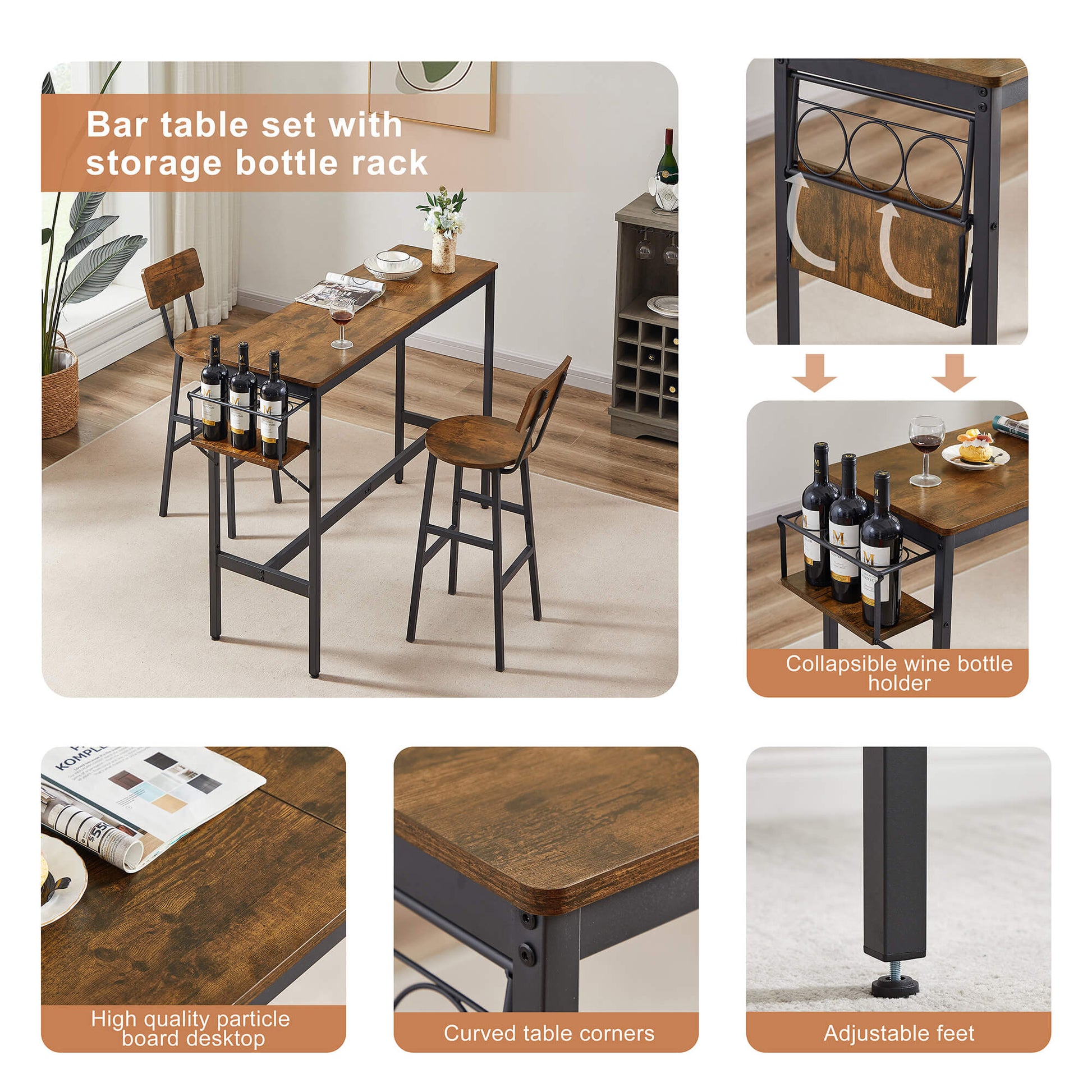 3-Piece Dining Bar Table&Chair Sets with Wine Bottle Storage Rack - Meissalivve