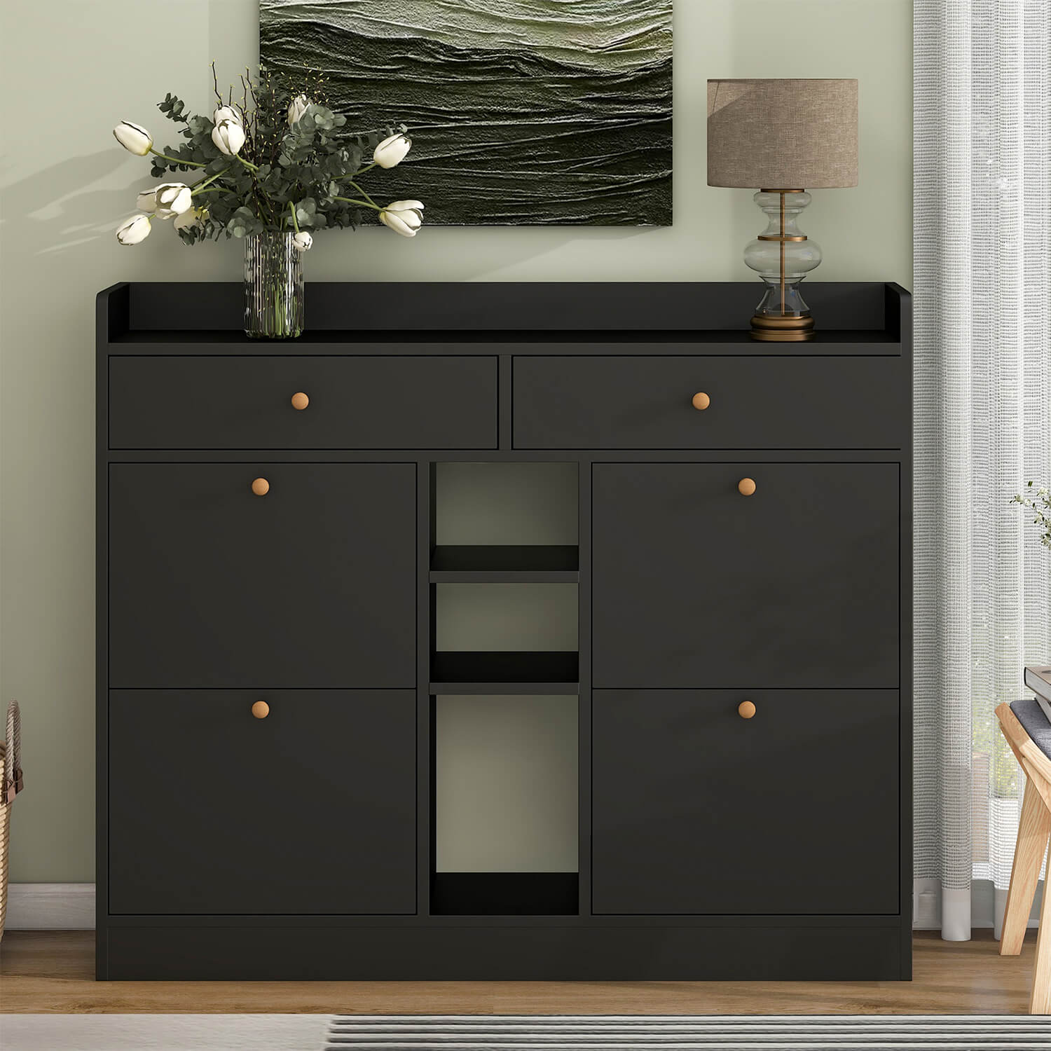 ON-TREND Modern Shoe Cabinet with 4 Flip Drawers, Black - Meissalivve