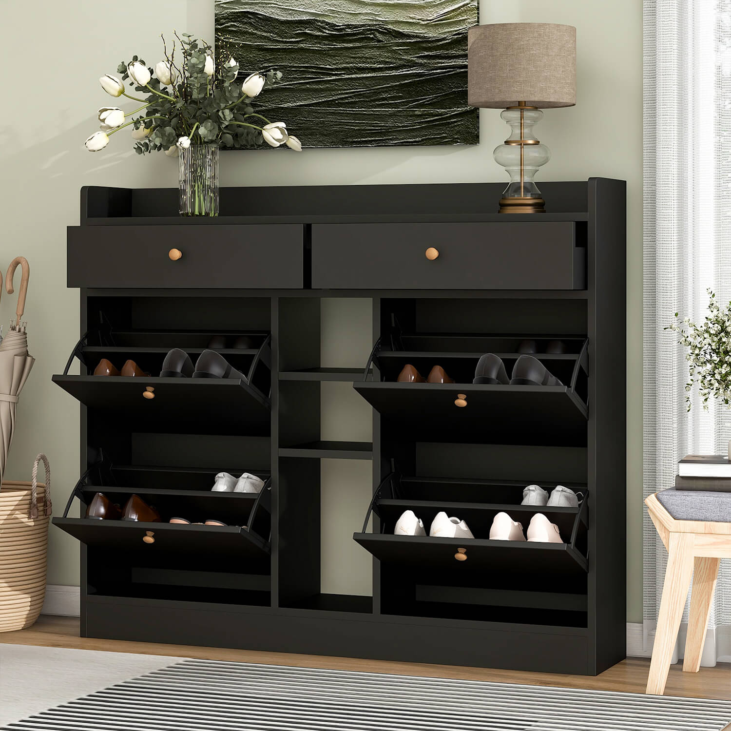 ON-TREND Modern Shoe Cabinet with 4 Flip Drawers, Black - Meissalivve