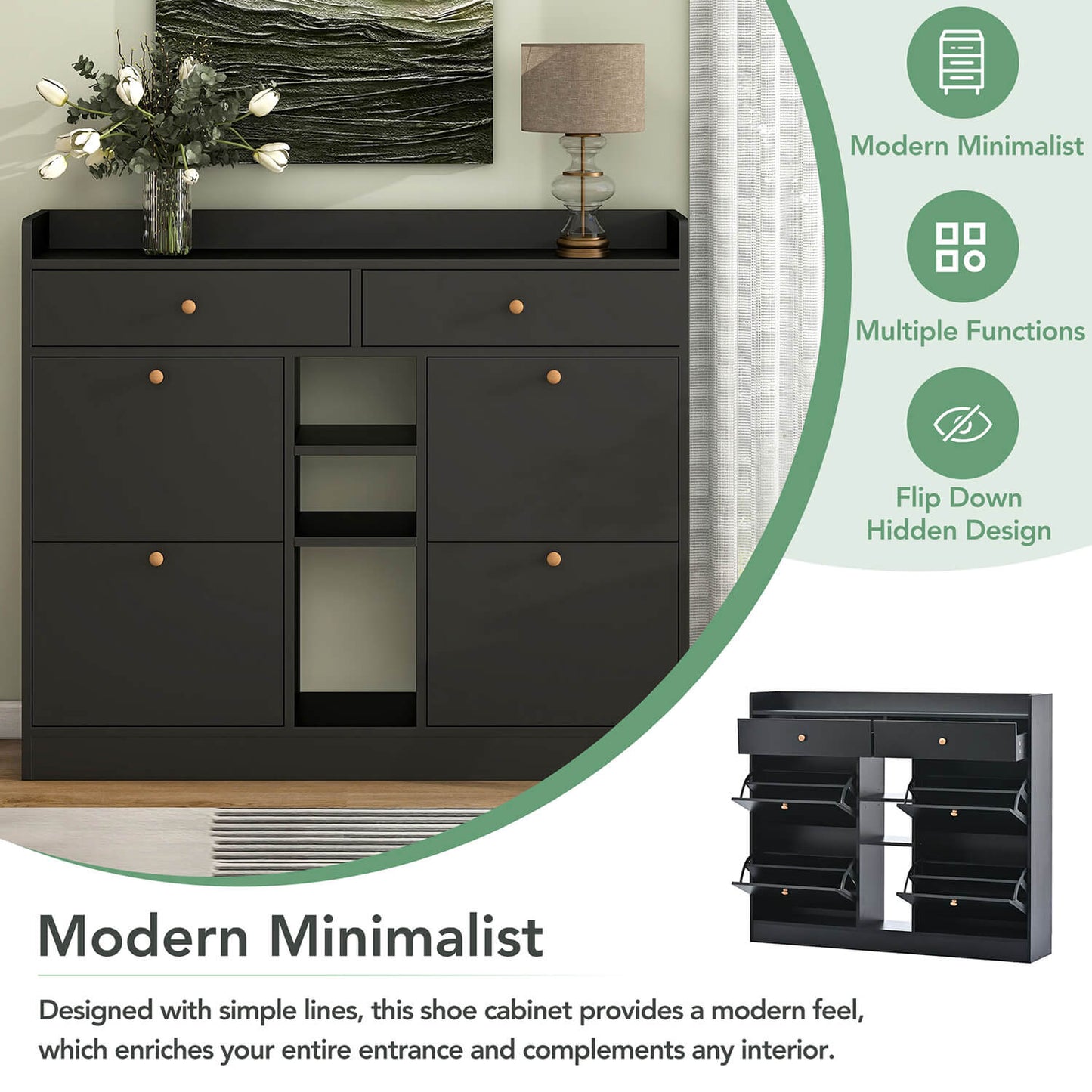 ON-TREND Modern Shoe Cabinet with 4 Flip Drawers, Black - Meissalivve