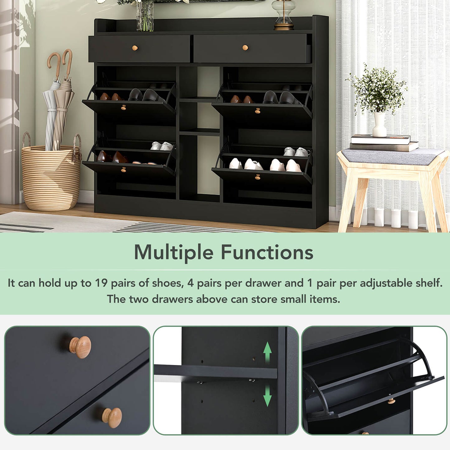 ON-TREND Modern Shoe Cabinet with 4 Flip Drawers, Black - Meissalivve