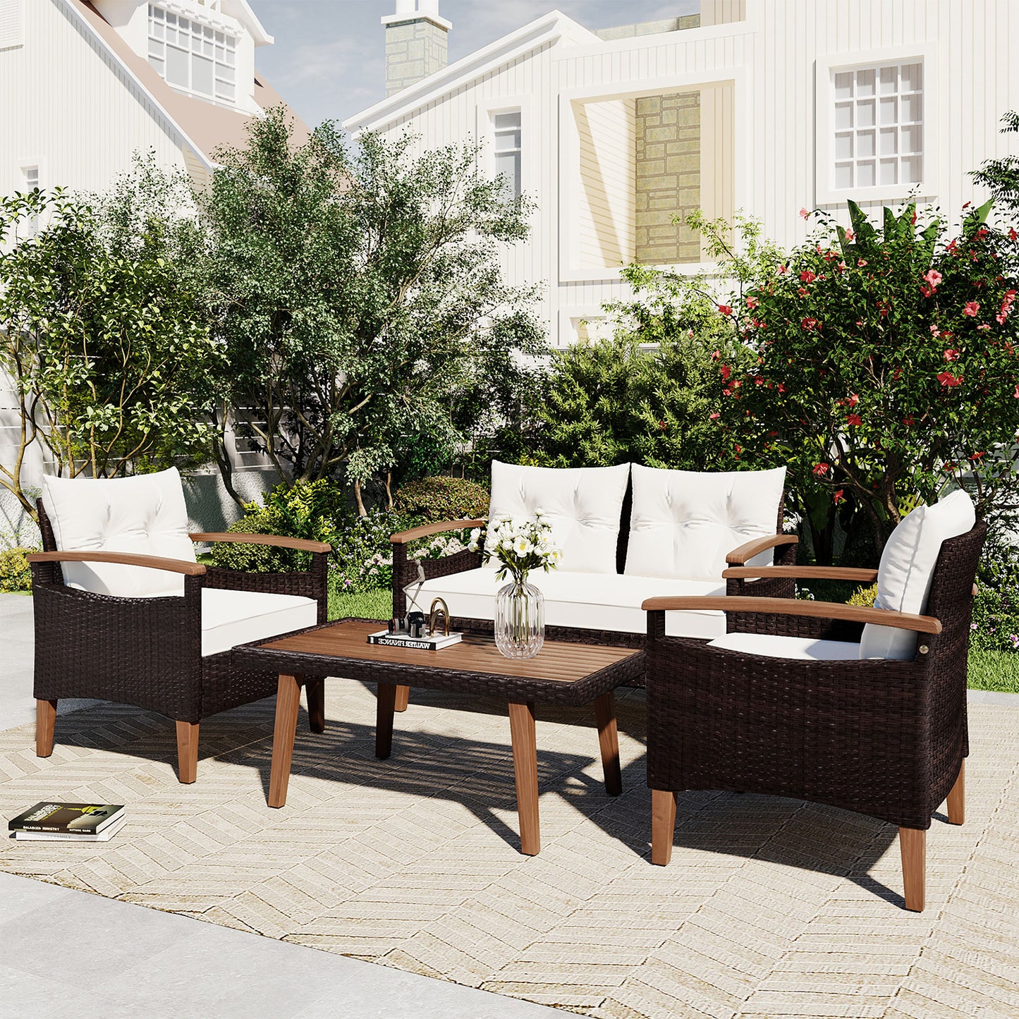 4-Piece Garden Furniture Patio Set, PE Rattan Outdoor Sofa Set - Meissalivve