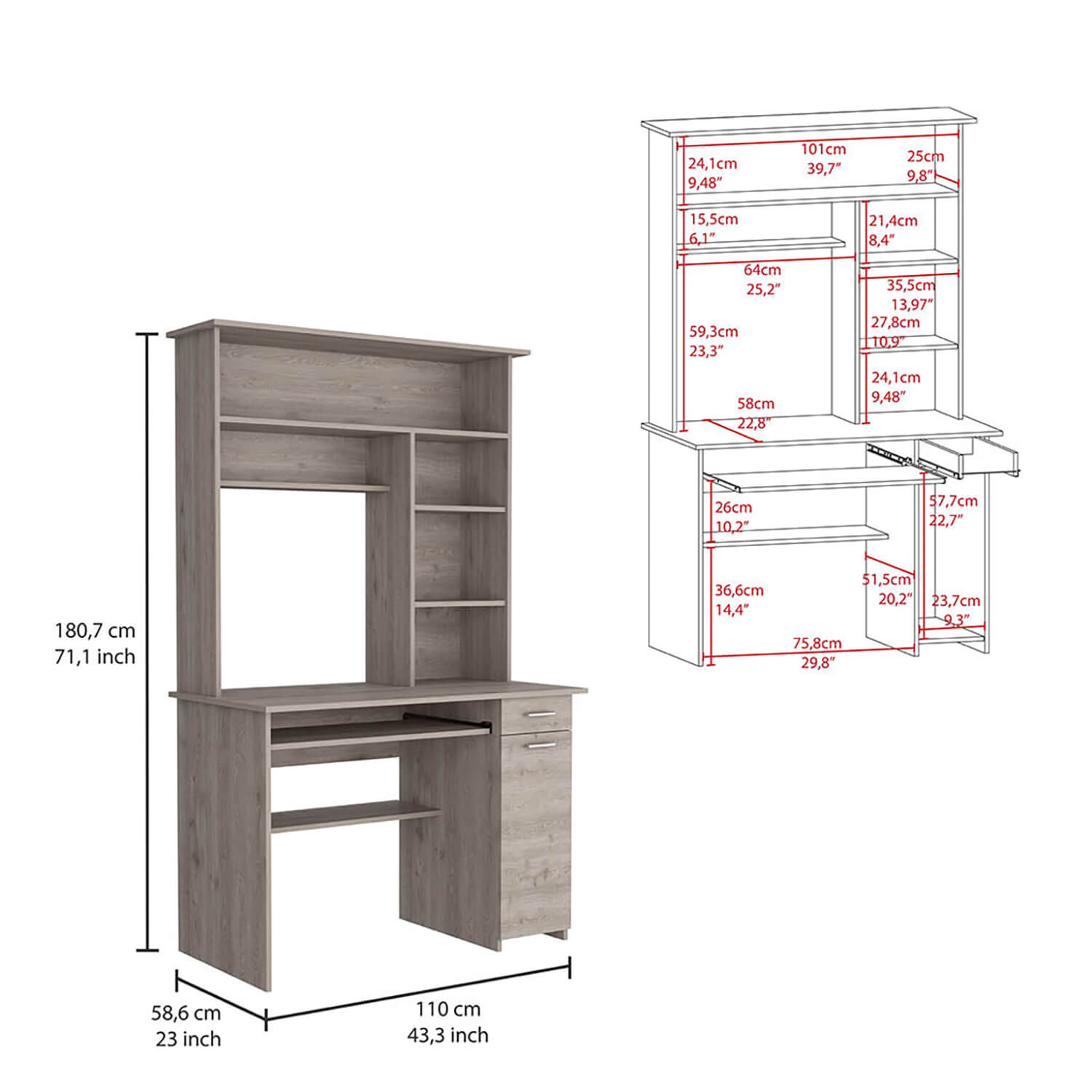 10-Shelf 4-Door 2-piece Office Set, Bookcase and Desk Light Gray - Meissalivve