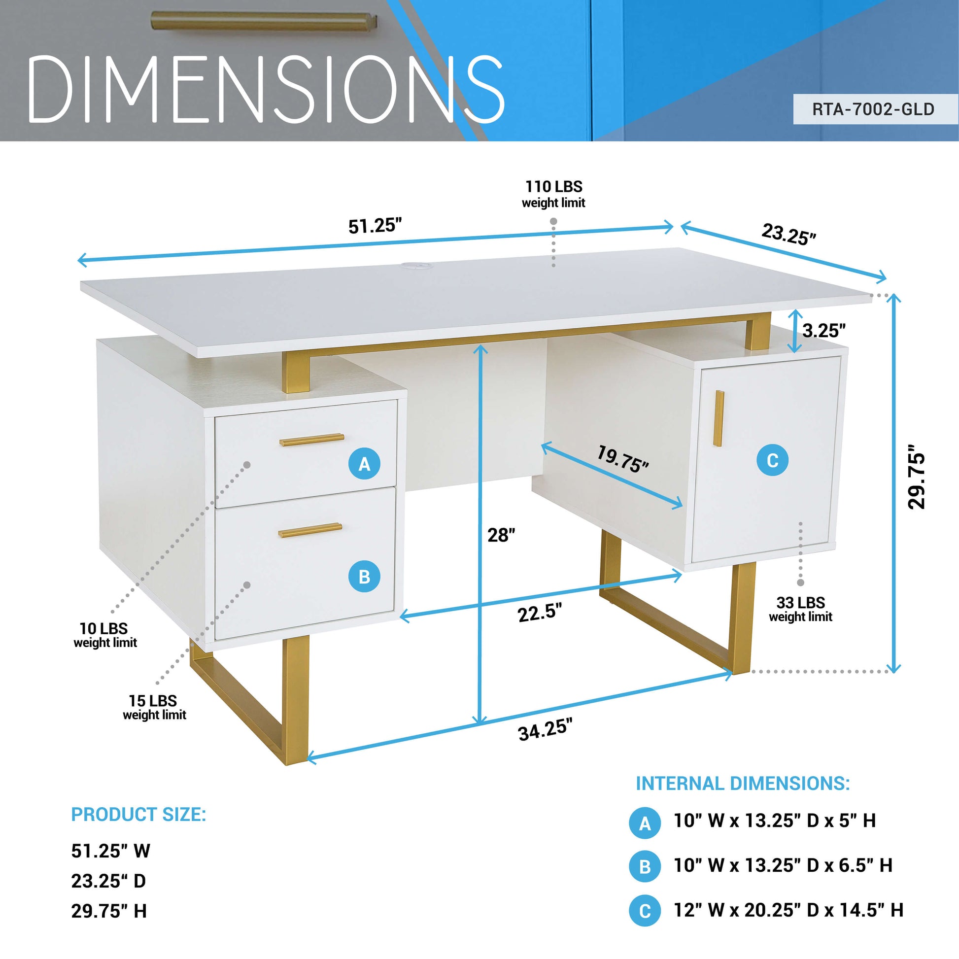 White and Gold Desk for Office with Drawers & Storage - Meissalivve