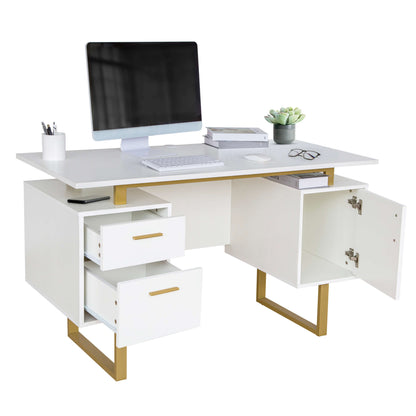 White and Gold Desk for Office with Drawers & Storage - Meissalivve