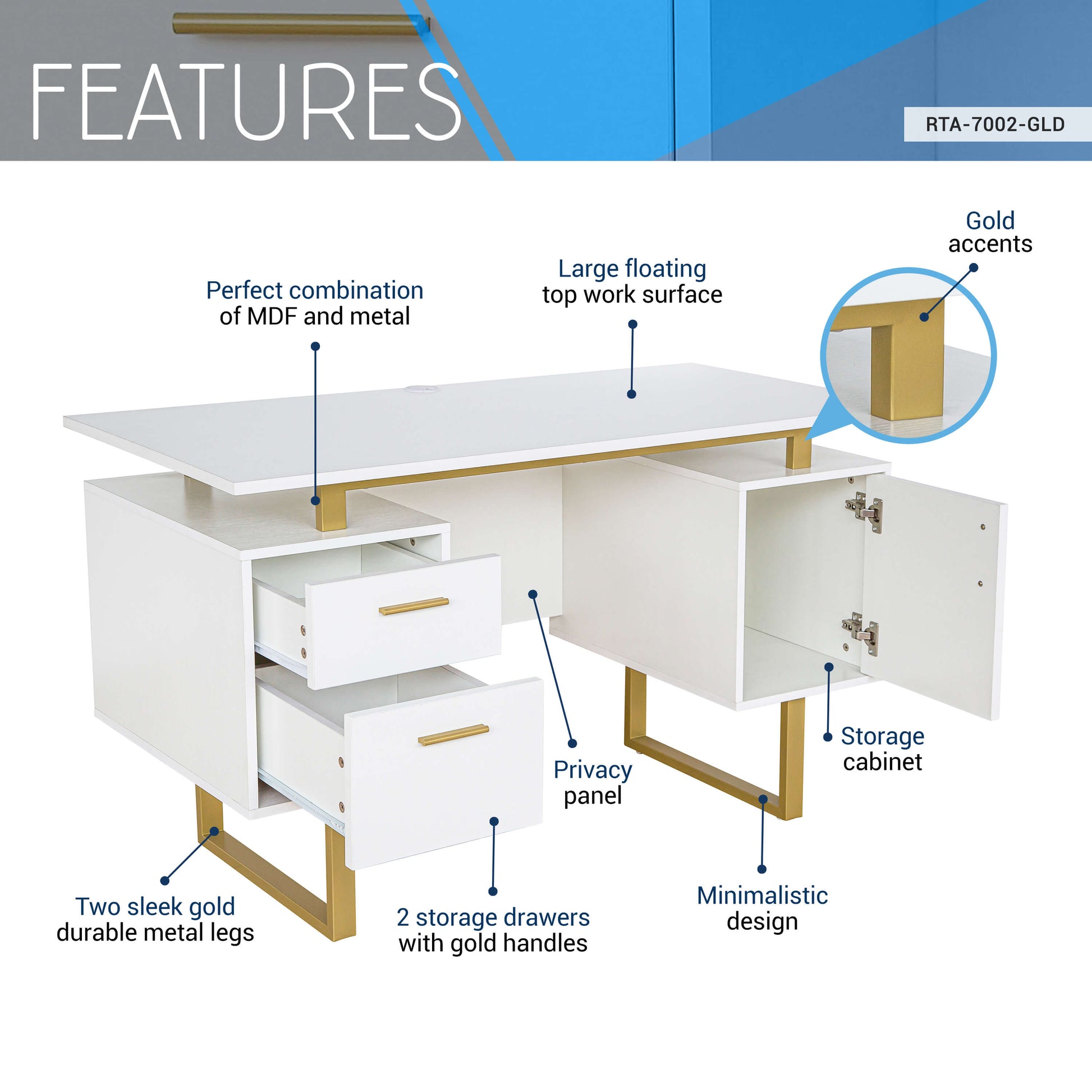 White and Gold Desk for Office with Drawers & Storage - Meissalivve