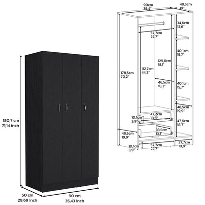 Westbury Wardrobe Armoire with 3-doors and 2-Inner Drawers, Black - Meissalivve