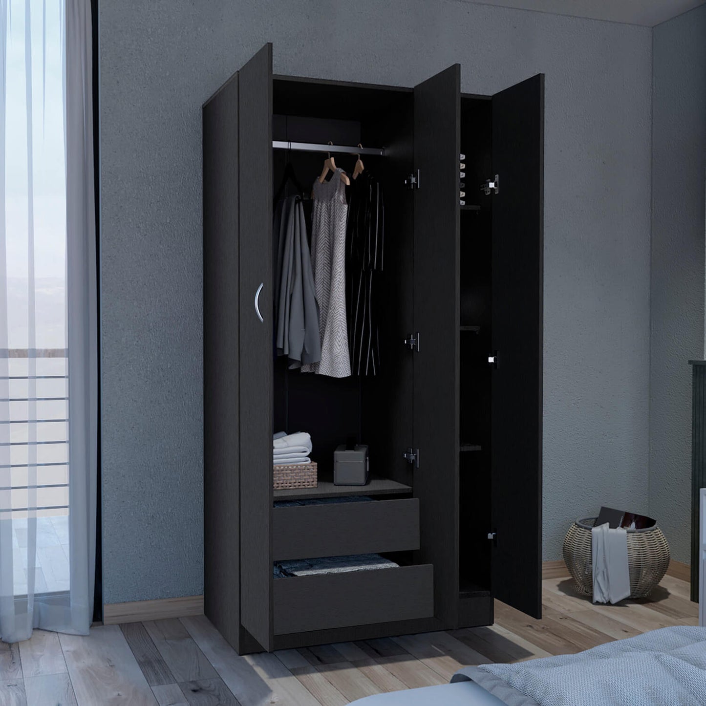 Westbury Wardrobe Armoire with 3-doors and 2-Inner Drawers, Black - Meissalivve