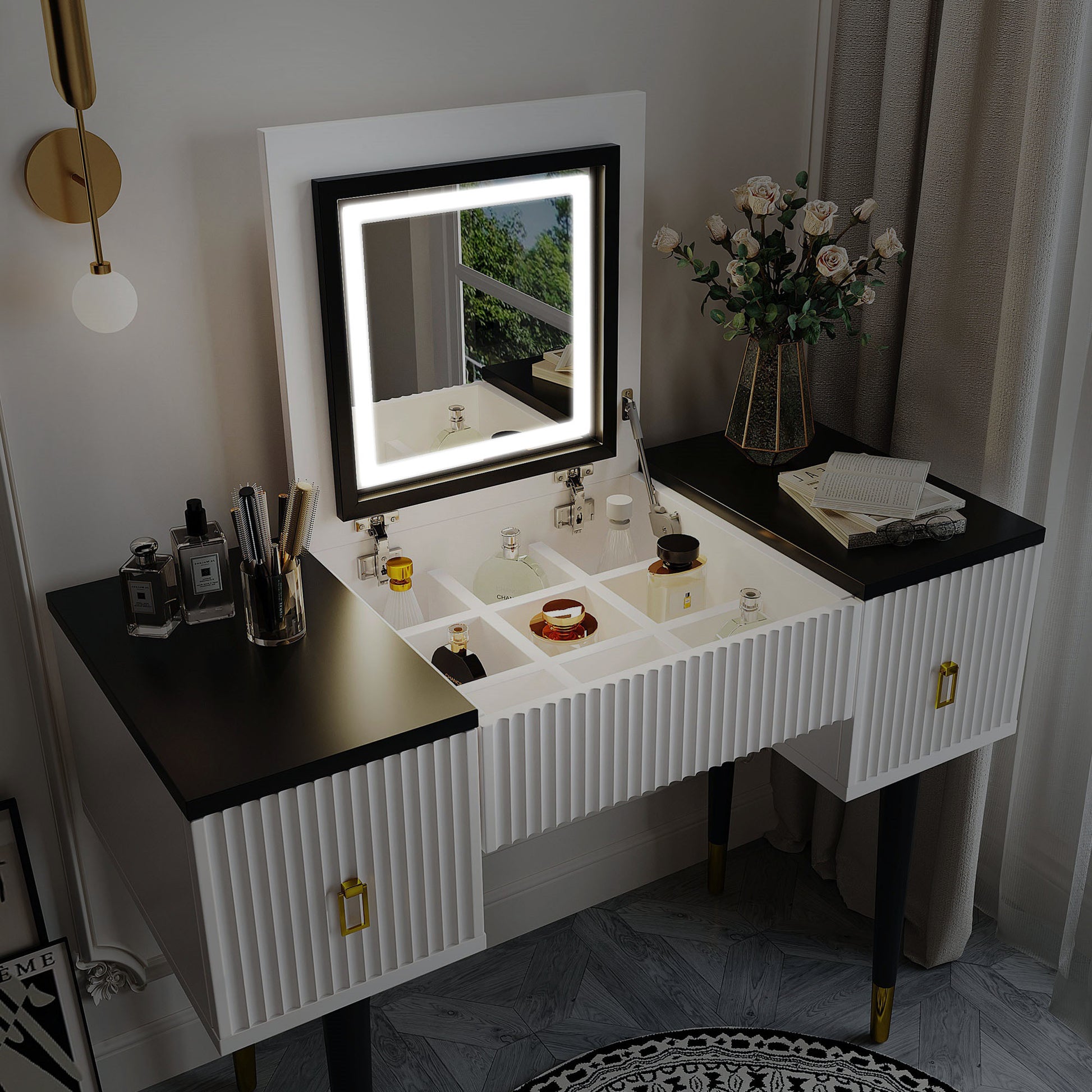 43.3" Modern Vanity Table Set with Flip-top Mirror and LED Light - Meissalivve