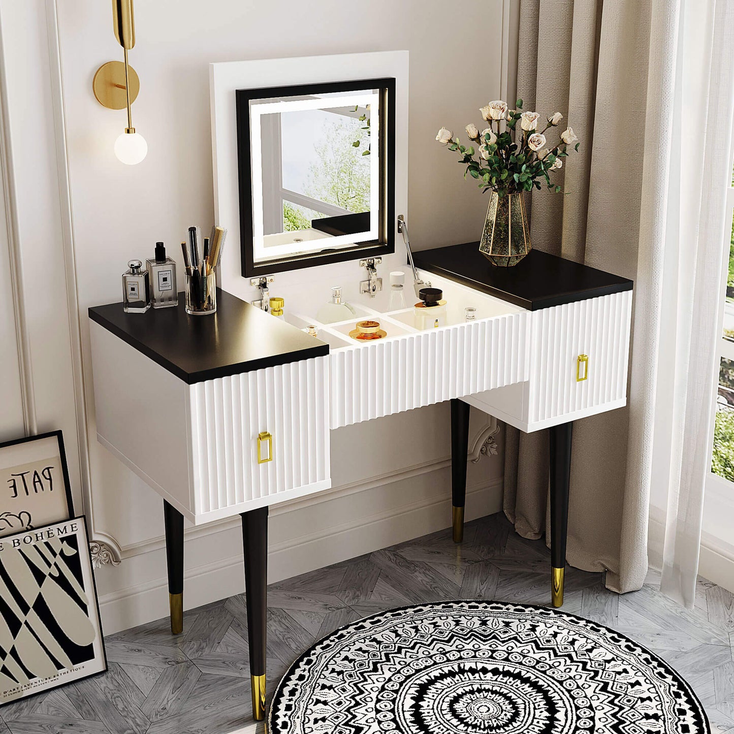 43.3" Modern Vanity Table Set with Flip-top Mirror and LED Light - Meissalivve