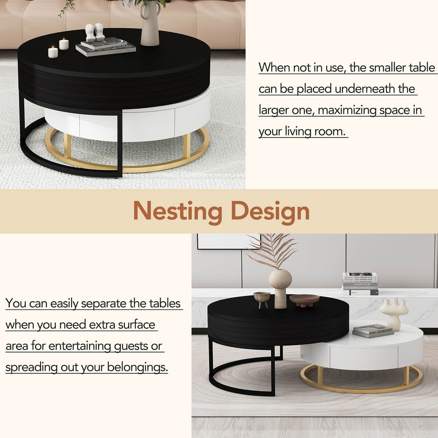 Modern Round Lift-top Nesting Coffee Tables with 2 Drawers White & Black - Meissalivve