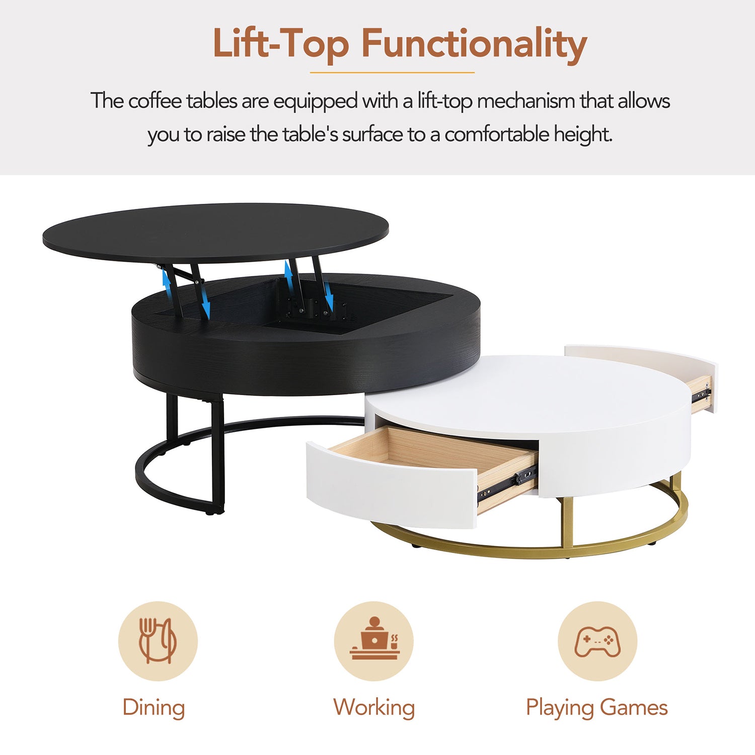 Modern Round Lift-top Nesting Coffee Tables with 2 Drawers White & Black - Meissalivve