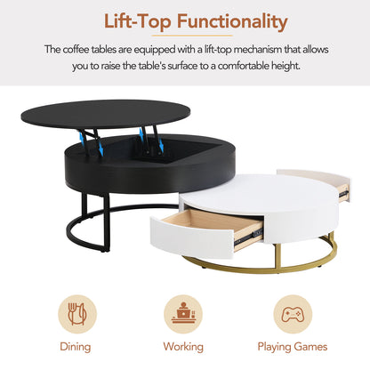 Modern Round Lift-top Nesting Coffee Tables with 2 Drawers White & Black - Meissalivve