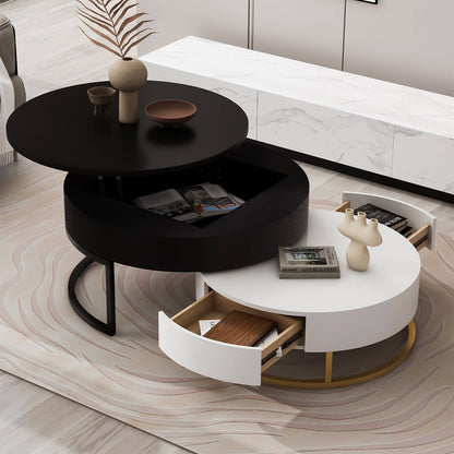 Modern Round Lift-top Nesting Coffee Tables with 2 Drawers White & Black - Meissalivve