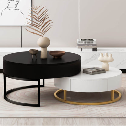 Modern Round Lift-top Nesting Coffee Tables with 2 Drawers White & Black - Meissalivve