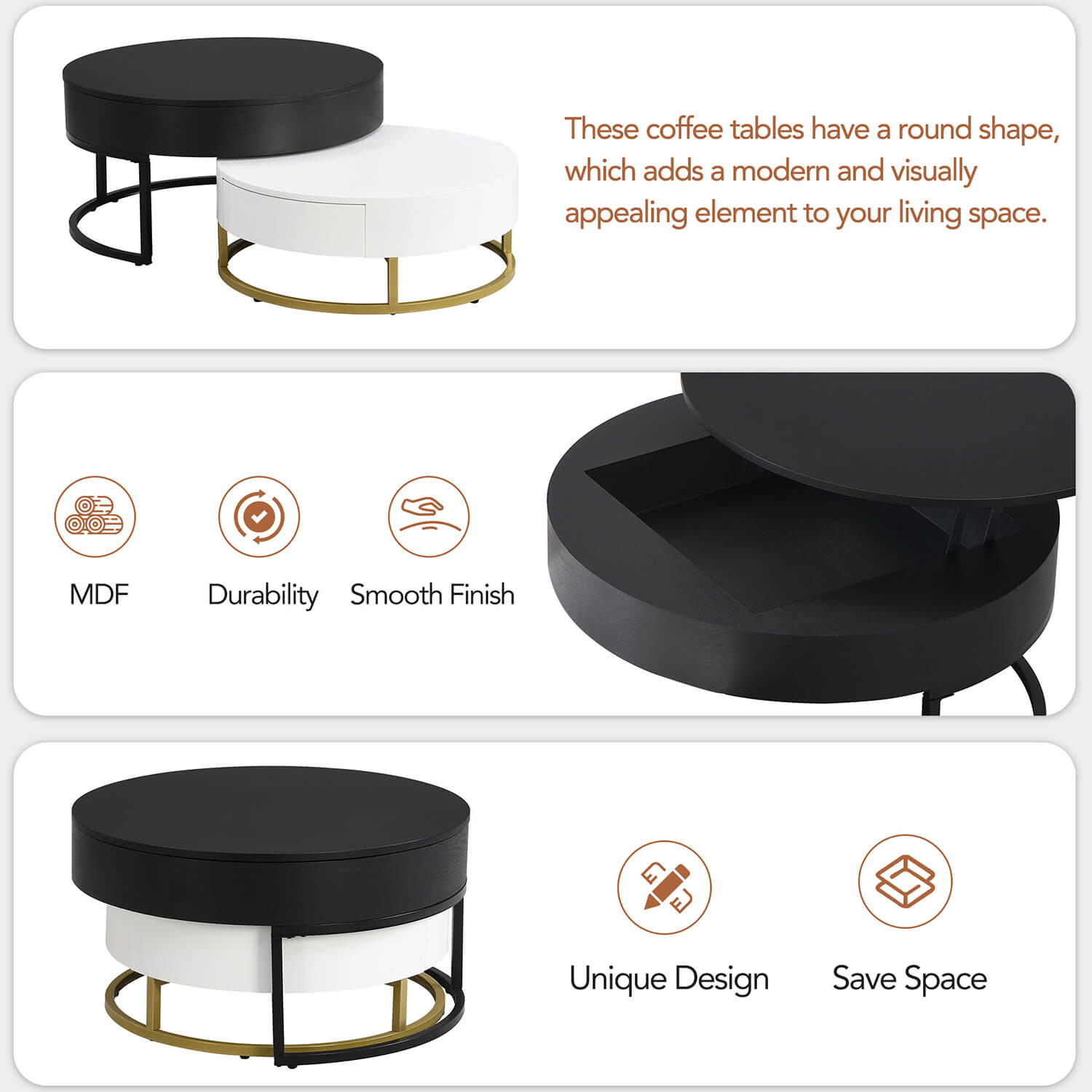 Modern Round Lift-top Nesting Coffee Tables with 2 Drawers White & Black - Meissalivve