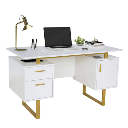 White and Gold Desk for Office with Drawers & Storage - Meissalivve