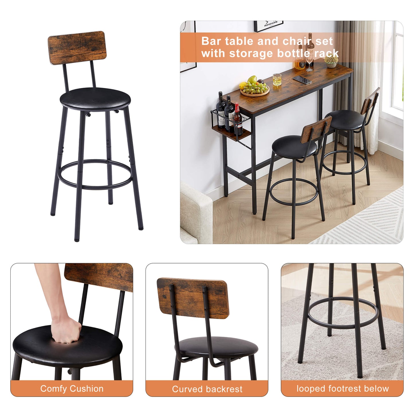 3-Piece Dining Bar Table&Chair Sets with Wine Bottle Storage Rack - Meissalivve