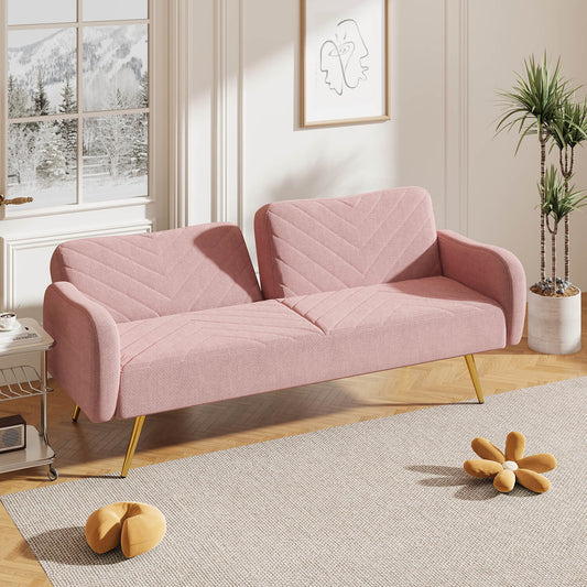 70.47" Pink Fabric Double Sofa with Split Backrest and Two Throw Pillows - Meissalivve