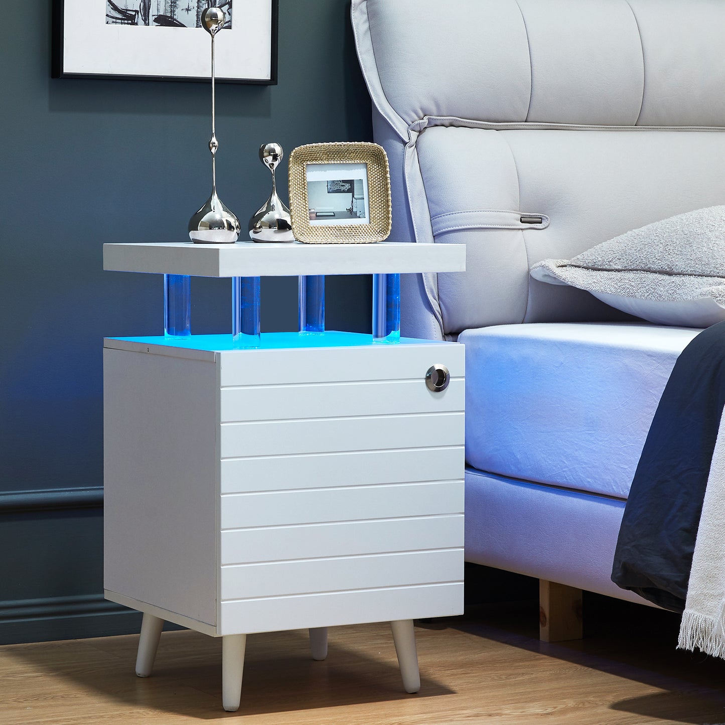 LED Nightstand Bedside Table End Tables Living Room with 4 Acrylic Columns - Meissalivve