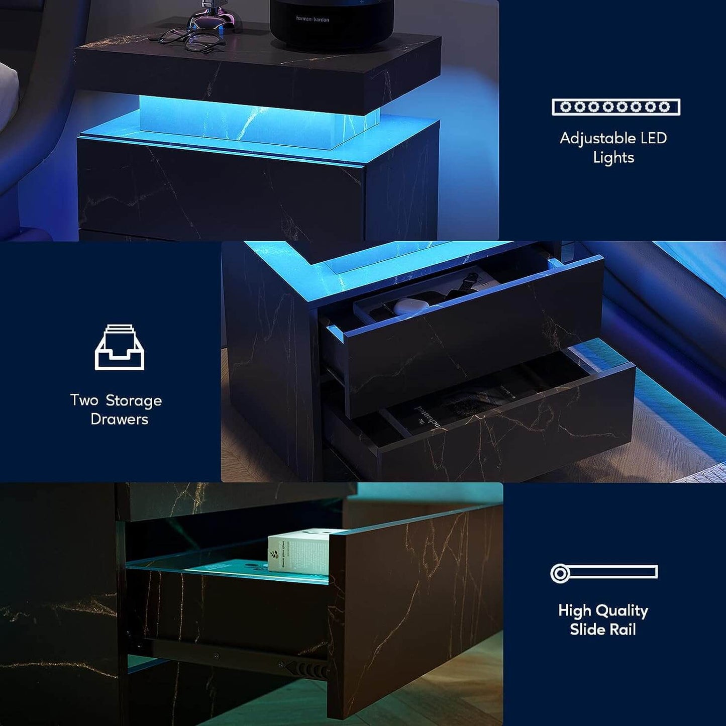 Nightstand LED Bedside Table Cabinet Lights End Side with 2 Drawers for Bedroom - Meissalivve