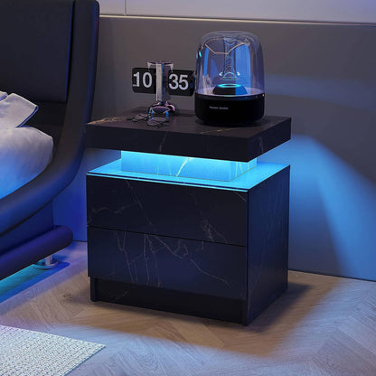 Nightstand LED Bedside Table Cabinet Lights End Side with 2 Drawers for Bedroom - Meissalivve