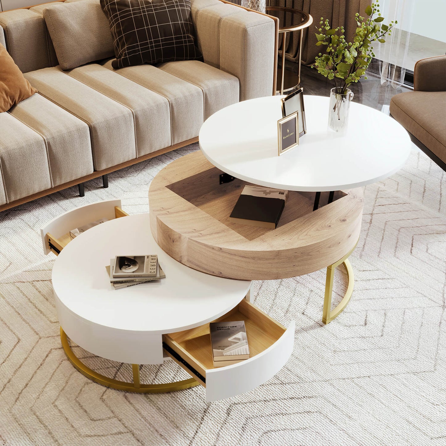 Modern Round Lift-top Nesting Coffee Tables with 2 Drawers White & Black - Meissalivve