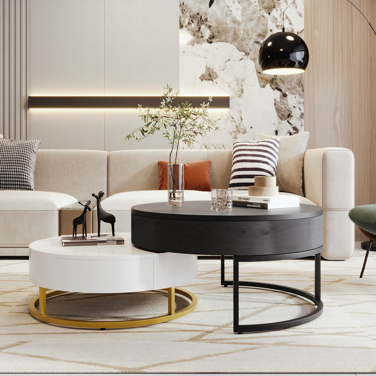 Modern Round Lift-top Nesting Coffee Tables with 2 Drawers White & Black - Meissalivve