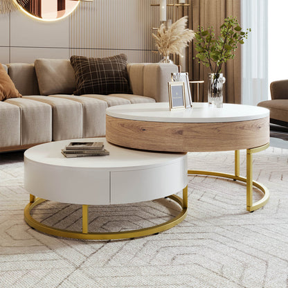 Modern Round Lift-top Nesting Coffee Tables with 2 Drawers White & Black - Meissalivve