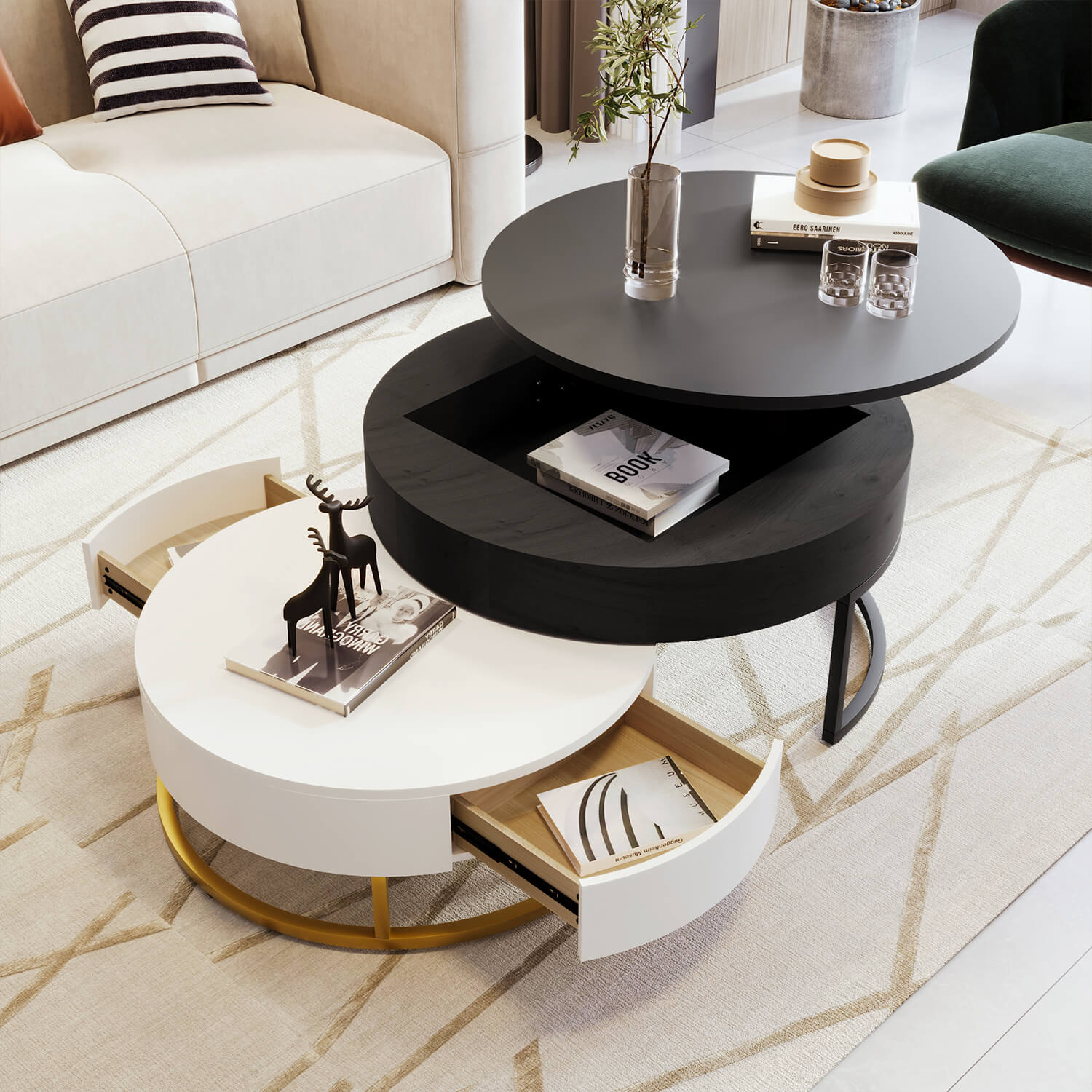 Modern Round Lift-top Nesting Coffee Tables with 2 Drawers White & Black - Meissalivve