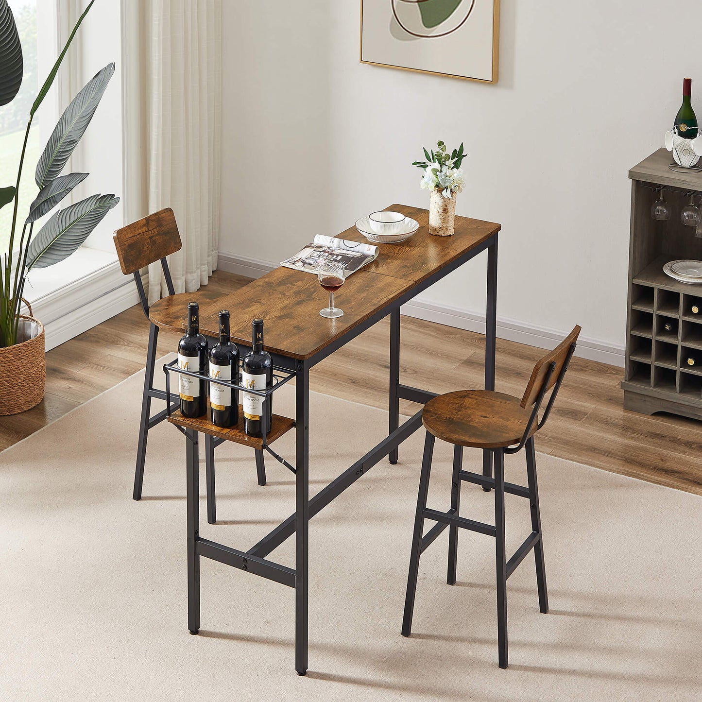 3-Piece Dining Bar Table&Chair Sets with Wine Bottle Storage Rack - Meissalivve