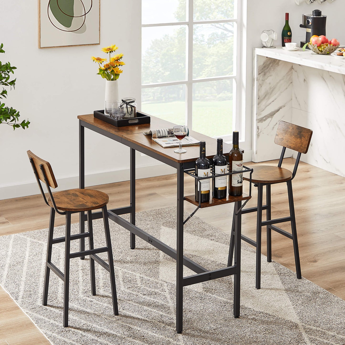 3-Piece Dining Bar Table&Chair Sets with Wine Bottle Storage Rack - Meissalivve