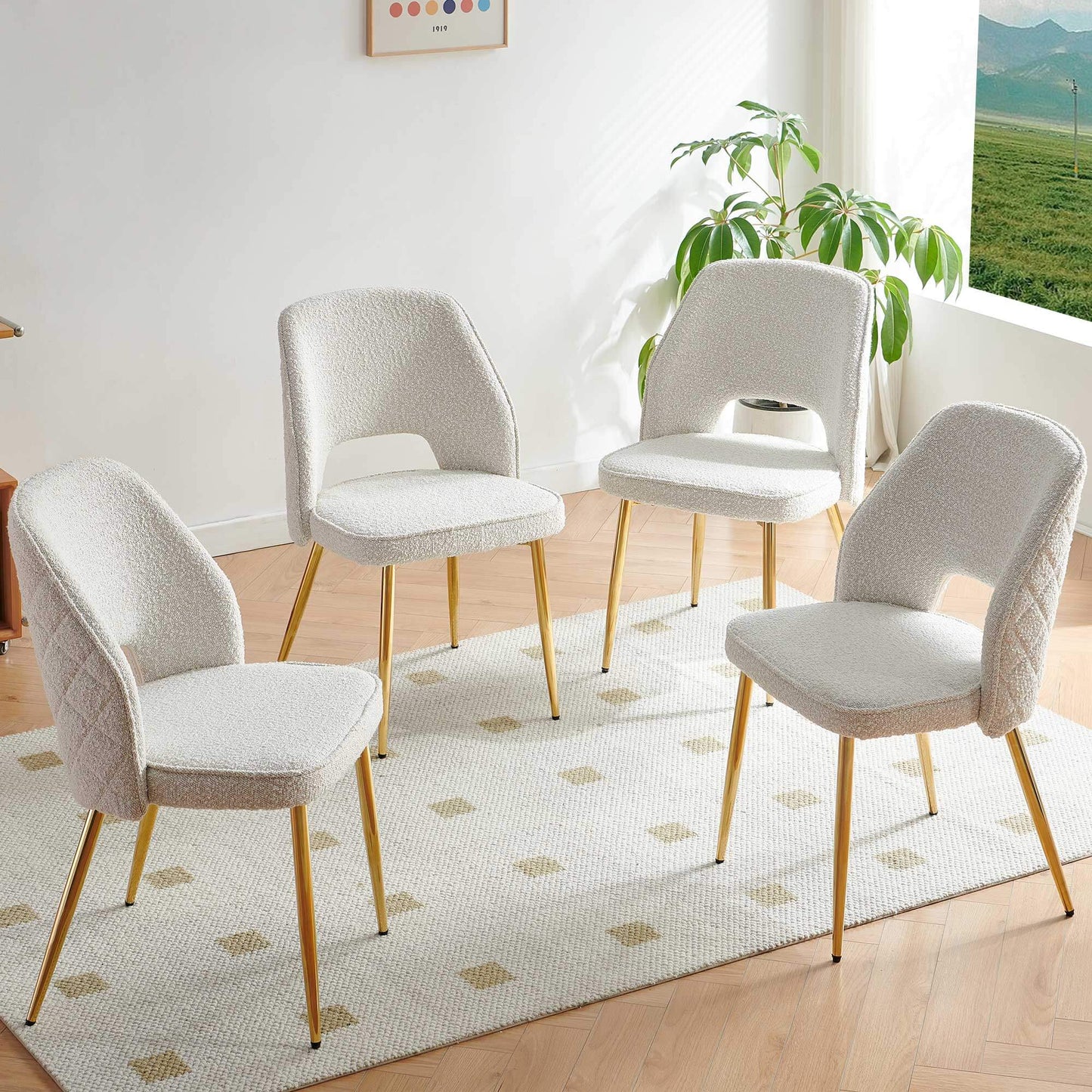 4PCS Faux Fur Dining Chairs with Metal Legs and Hollow Back Upholstered - Meissalivve