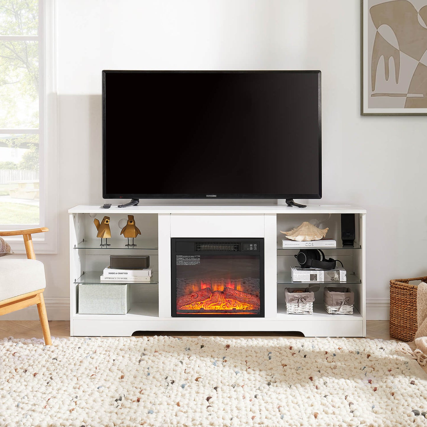 TV Stand Electric Fireplace TV Stand with Glass Shelves, LED Lights - Meissalivve