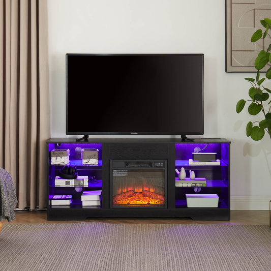 TV Stand Electric Fireplace TV Stand with Glass Shelves, LED Lights - Meissalivve