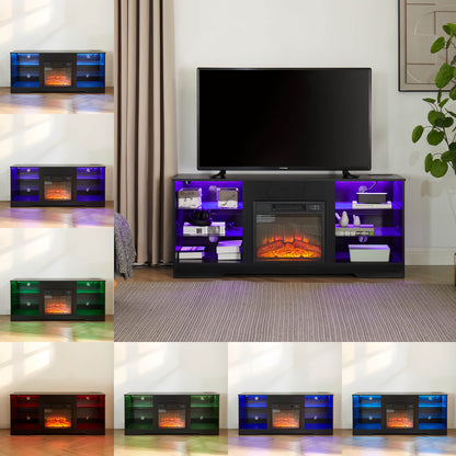 TV Stand Electric Fireplace TV Stand with Glass Shelves, LED Lights - Meissalivve