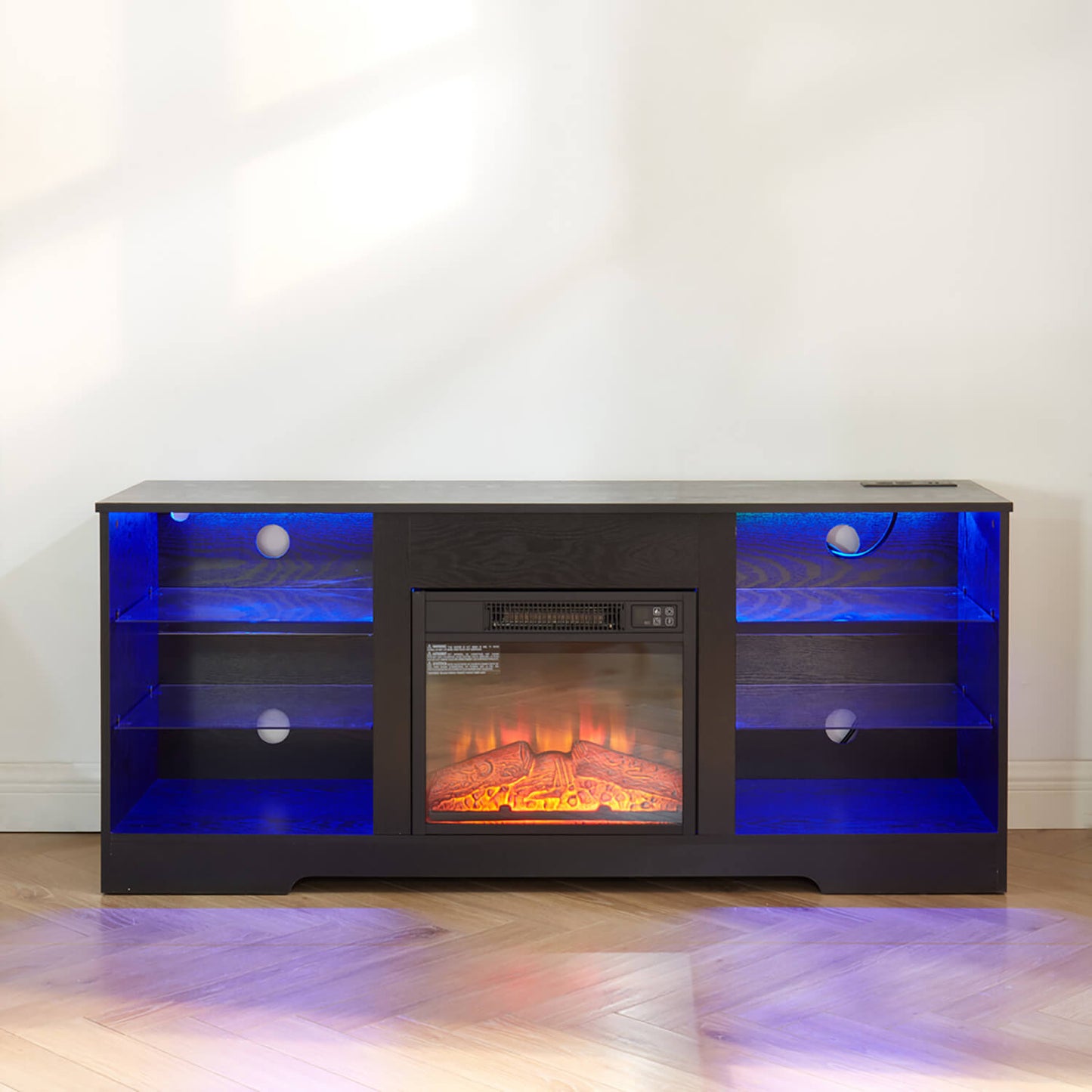 TV Stand Electric Fireplace TV Stand with Glass Shelves, LED Lights - Meissalivve