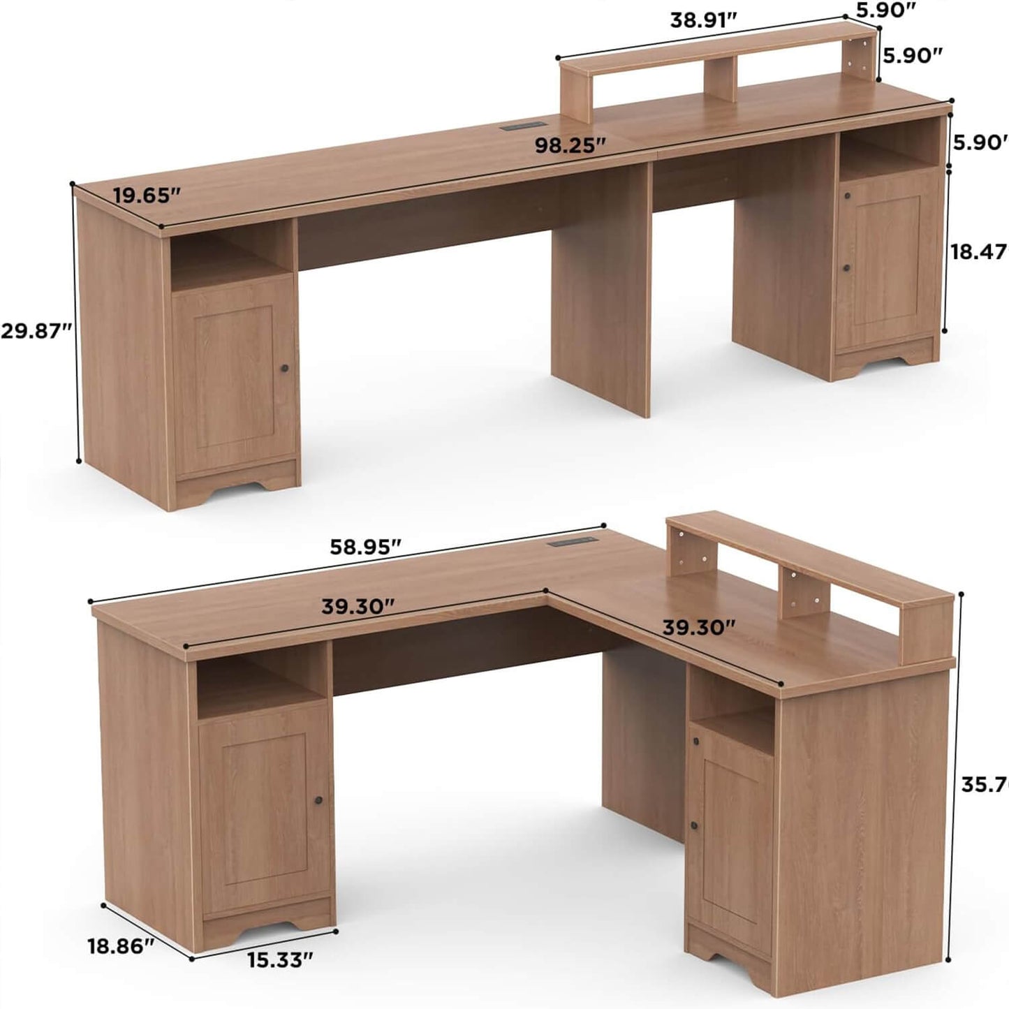 Large 2 Person 60 Inch L Shaped Wooden Desk with Storage, Oak - Meissalivve