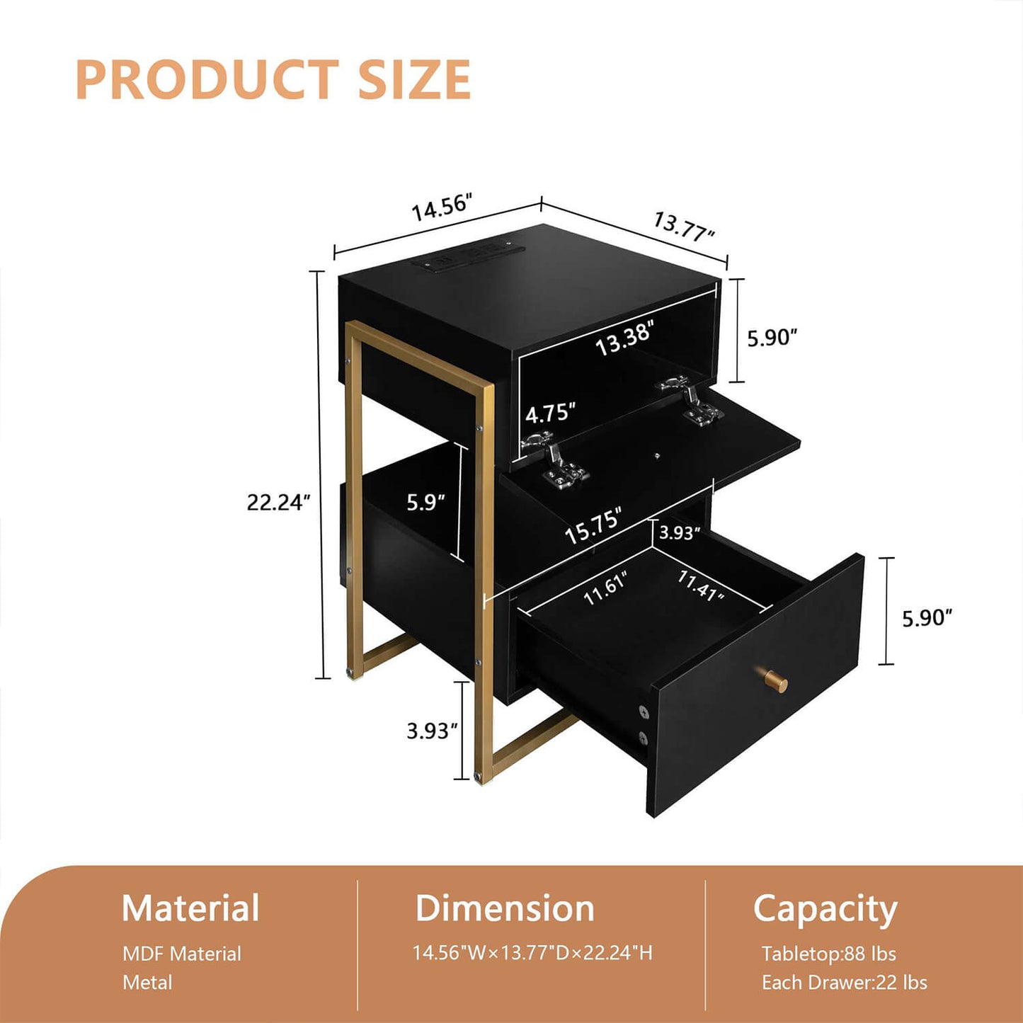 Nightstands Set of 2 with Charging Station, End Table with Storage Drawer - Meissalivve